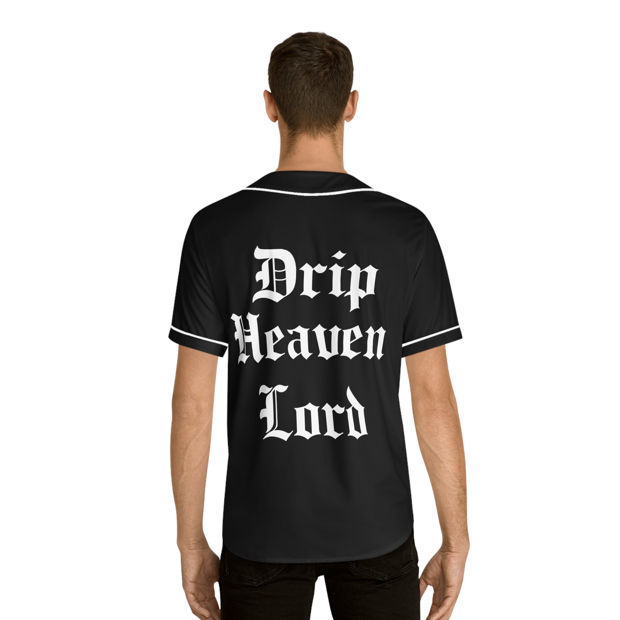 Drip Heaven Lord – Gothic Script Men’s Baseball Jersey (Black)