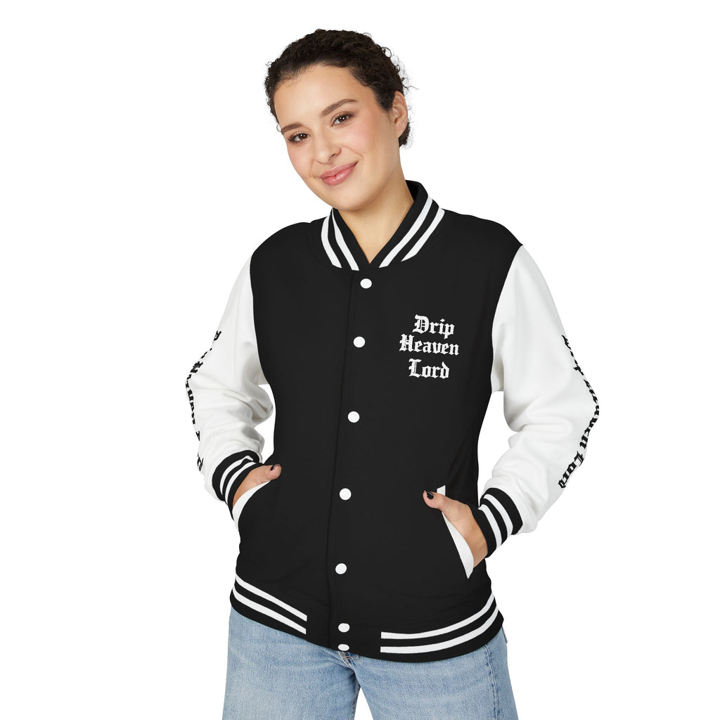 Drip Heaven Lord – Womens Gothic Script Letterman Jacket