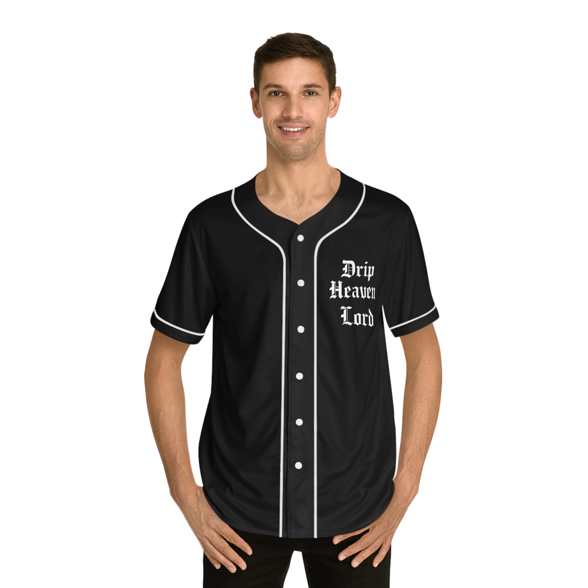 Drip Heaven Lord – Gothic Script Men’s Baseball Jersey (Black)