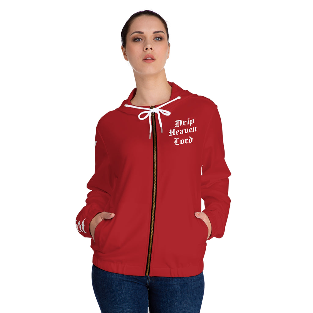 Drip Heaven Lord – Gothic Script Women’s Full‑Zip Hoodie (Red)