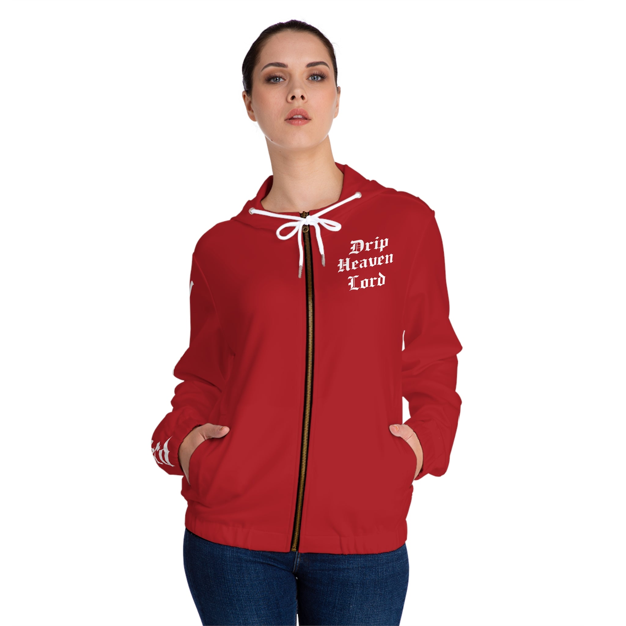 Drip Heaven Lord – Gothic Script Women’s Full‑Zip Hoodie (Red)