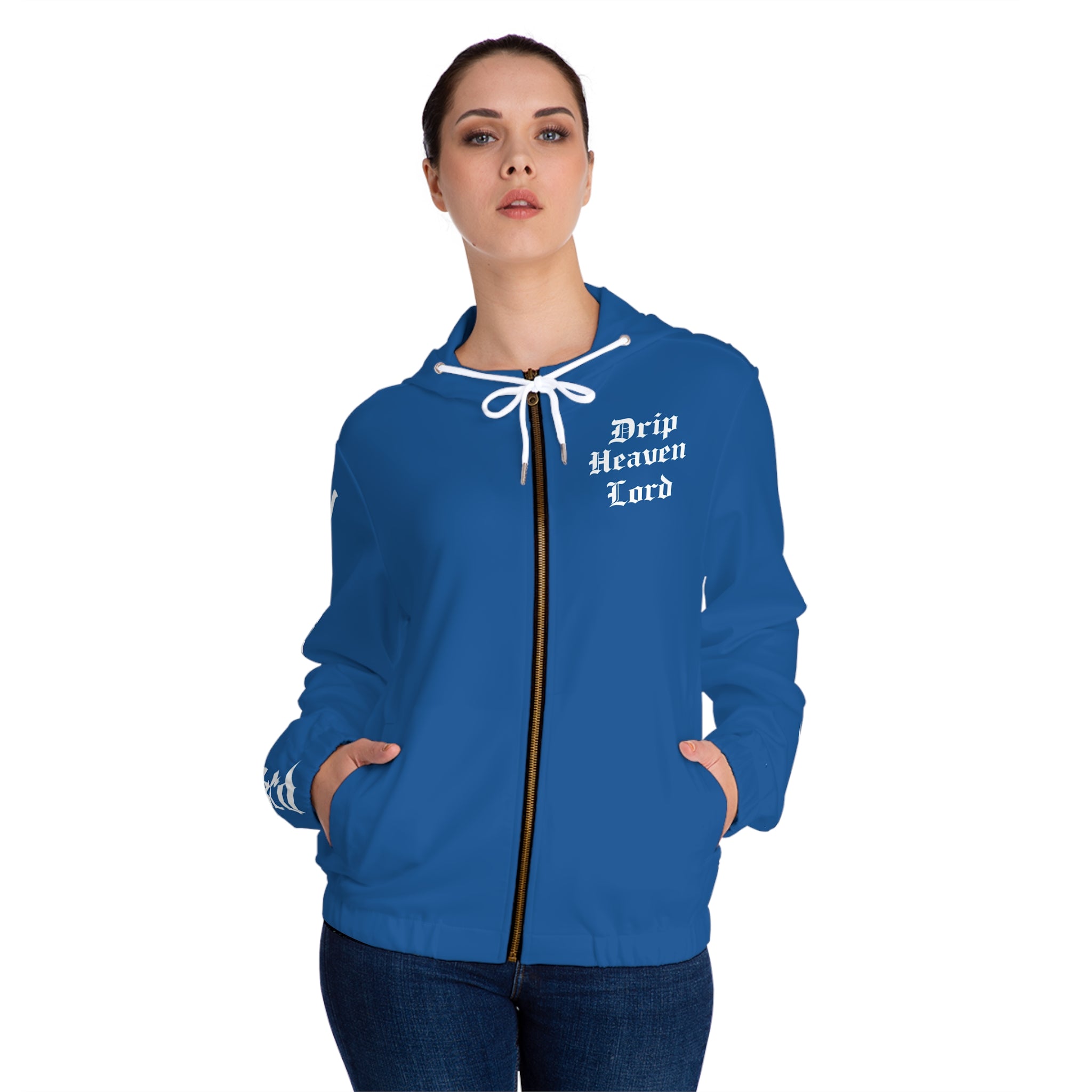 Drip Heaven Lord – Gothic Script Women’s Full‑Zip Hoodie (Blue)