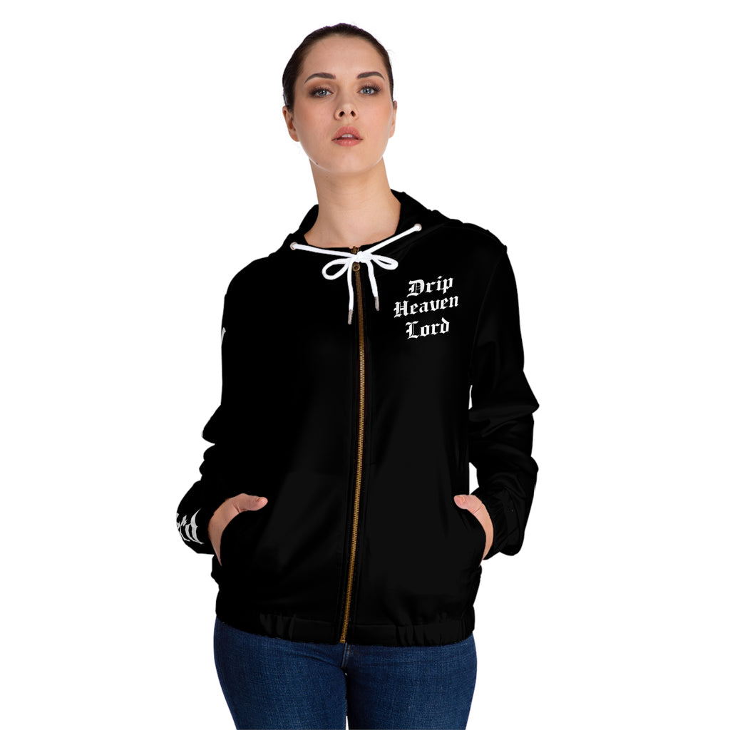 Drip Heaven Lord – Gothic Script Women’s Full‑Zip Hoodie (Black)